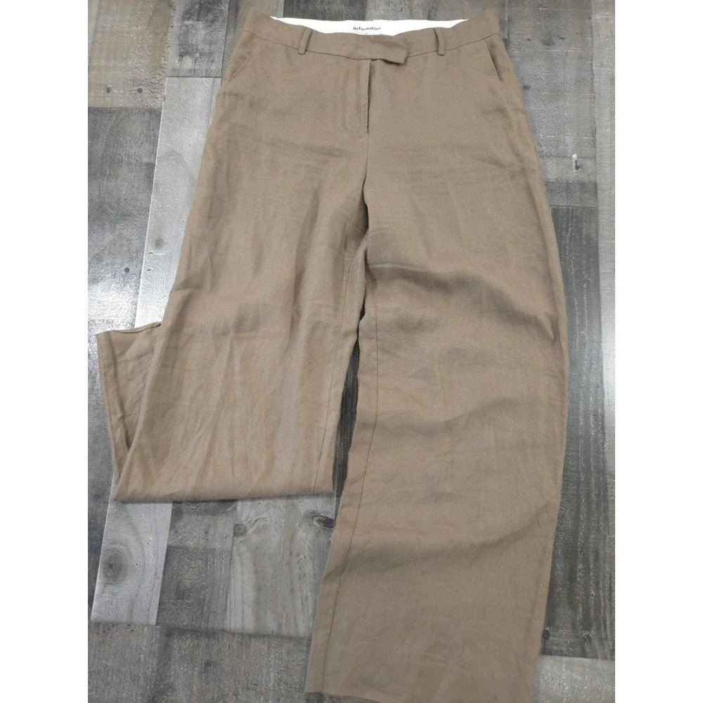 Reformation Olina Wide Leg Rich 100% Linen Pants Khaki Brown Muted Taupe Size 8